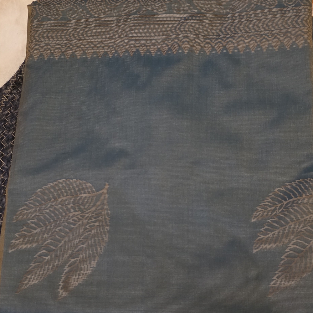 Elegant Blue and Gray Leaf Patterned FabricSaree with ready-to-wear draping incl
